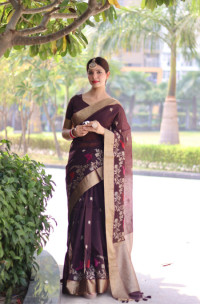 Red color soft linen silk saree with jamdani woven design
