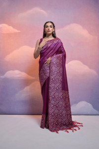 Wine color soft tussar silk saree with kalamkari & digital printed work